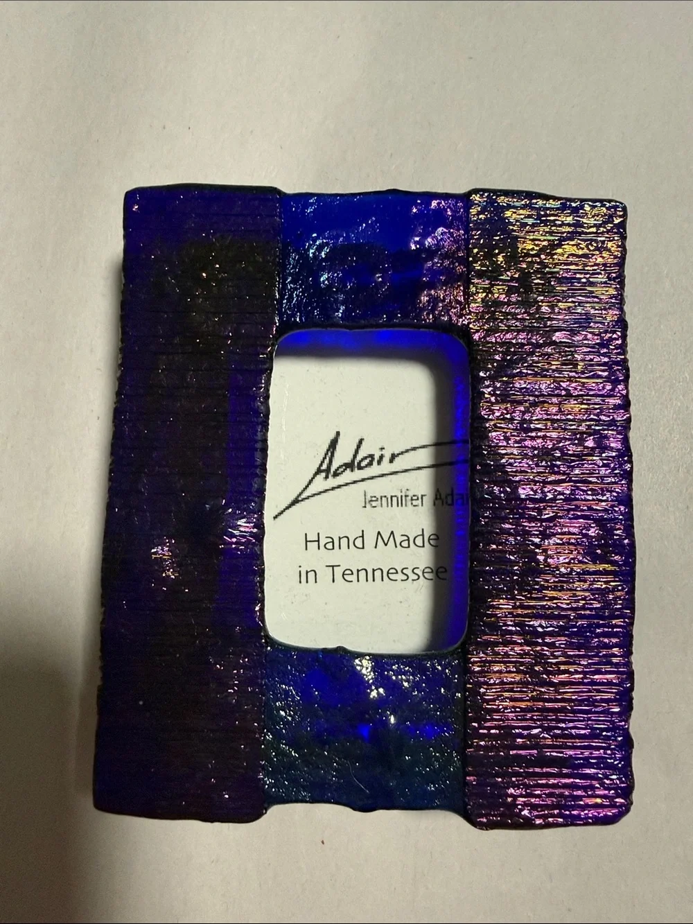 Handmade Iridescent Purple Blue Art Glass Frame Holds 2”x3” Picture